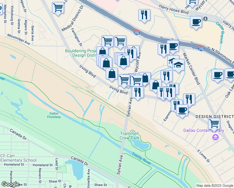 map of restaurants, bars, coffee shops, grocery stores, and more near 2245 Irving Boulevard in Dallas