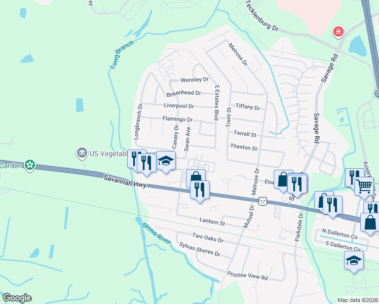 map of restaurants, bars, coffee shops, grocery stores, and more near 724 Swan Ave in Charleston