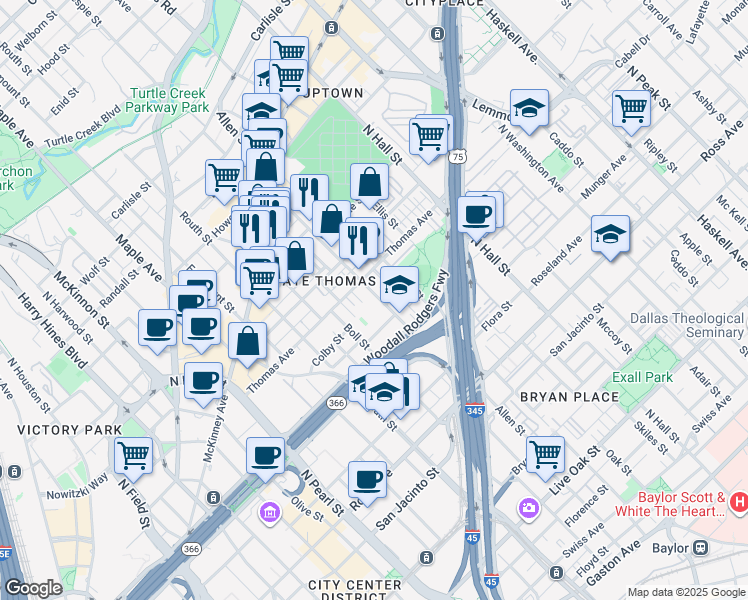map of restaurants, bars, coffee shops, grocery stores, and more near 2203 Allen Street in Dallas