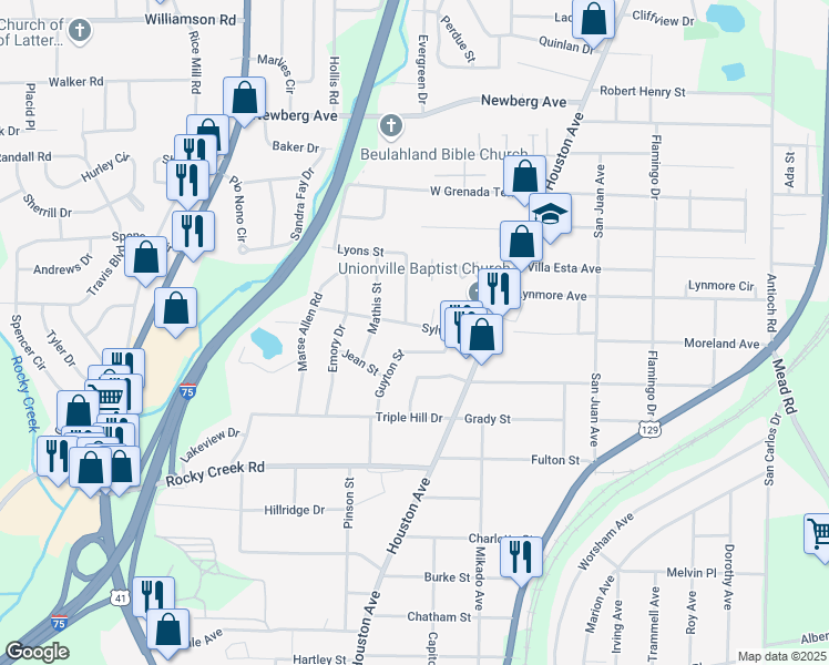 map of restaurants, bars, coffee shops, grocery stores, and more near 1088 Sylvian Drive in Macon