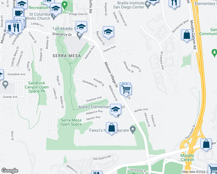 map of restaurants, bars, coffee shops, grocery stores, and more near 2802 Melbourne Drive in San Diego