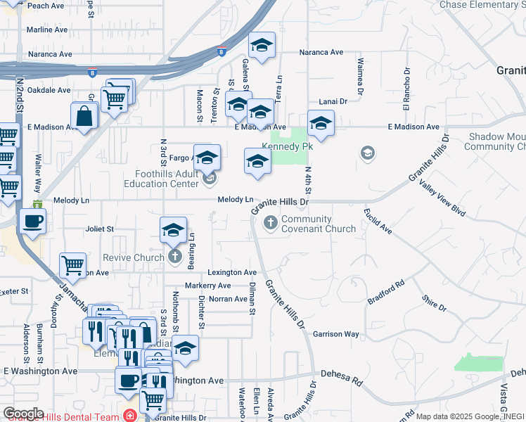map of restaurants, bars, coffee shops, grocery stores, and more near 1875 Granite Hills Drive in El Cajon