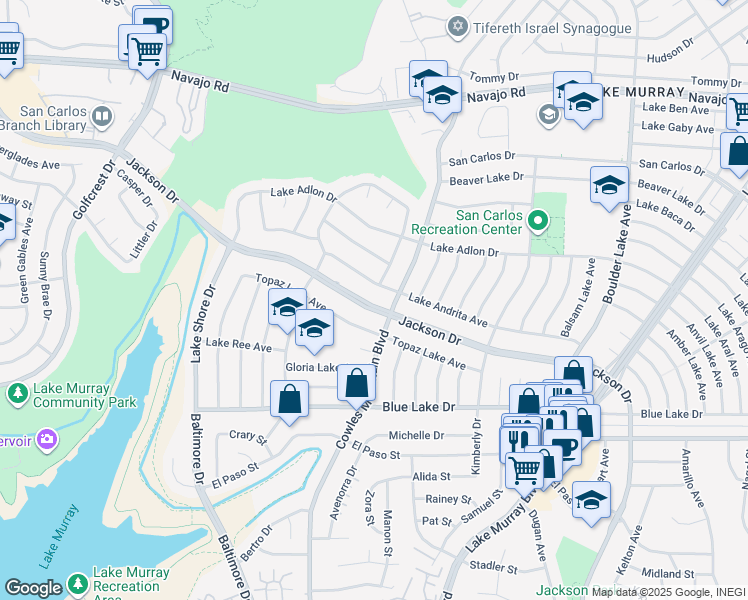 map of restaurants, bars, coffee shops, grocery stores, and more near 7881 Lake Andrita Avenue in San Diego