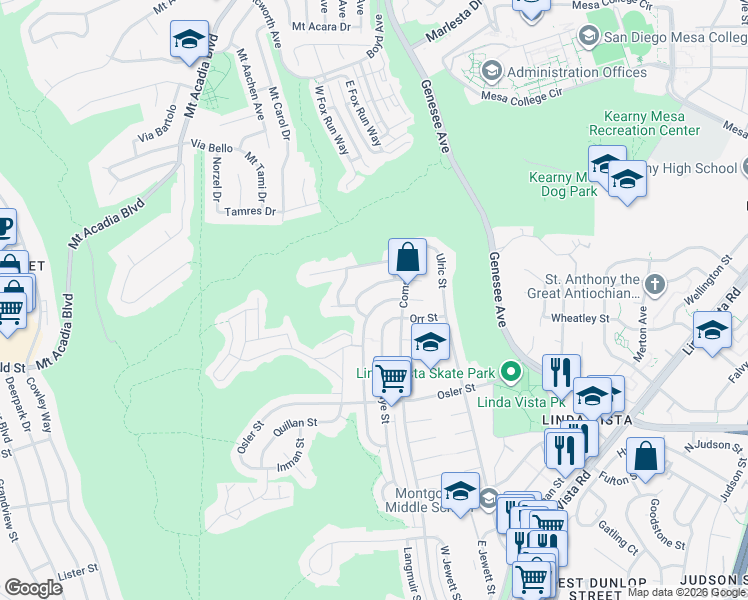 map of restaurants, bars, coffee shops, grocery stores, and more near 6555 Comly Street in San Diego