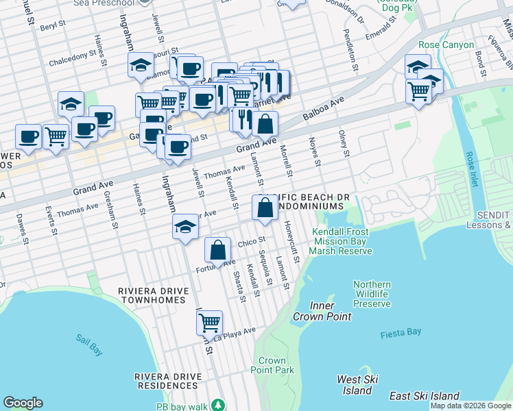 map of restaurants, bars, coffee shops, grocery stores, and more near 1875 Oliver Avenue in San Diego