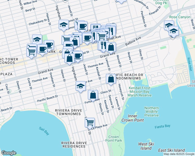map of restaurants, bars, coffee shops, grocery stores, and more near 1804 Oliver Avenue in San Diego