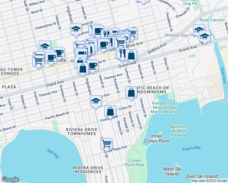 map of restaurants, bars, coffee shops, grocery stores, and more near 1732 Oliver Avenue in San Diego