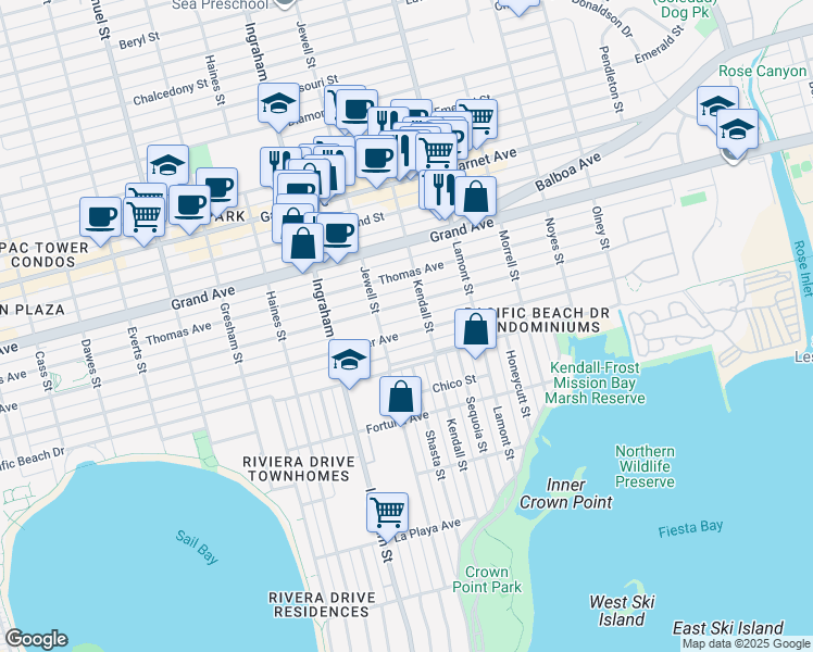 map of restaurants, bars, coffee shops, grocery stores, and more near 1732 Oliver Avenue in San Diego