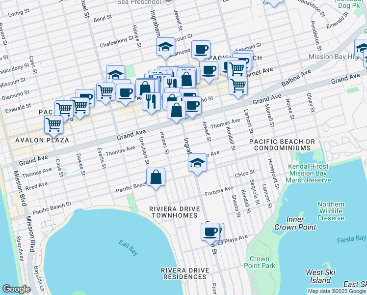 map of restaurants, bars, coffee shops, grocery stores, and more near 1572 1/2 Reed Avenue in San Diego