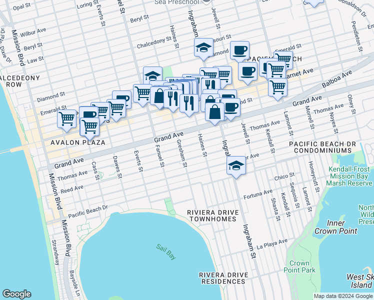 map of restaurants, bars, coffee shops, grocery stores, and more near 1421 Thomas Avenue in San Diego