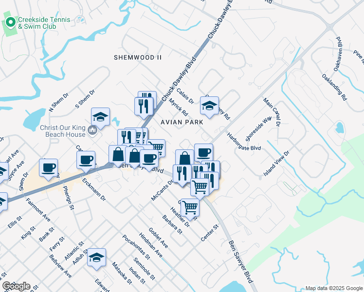 map of restaurants, bars, coffee shops, grocery stores, and more near 1351 Cassidy Court in Mount Pleasant