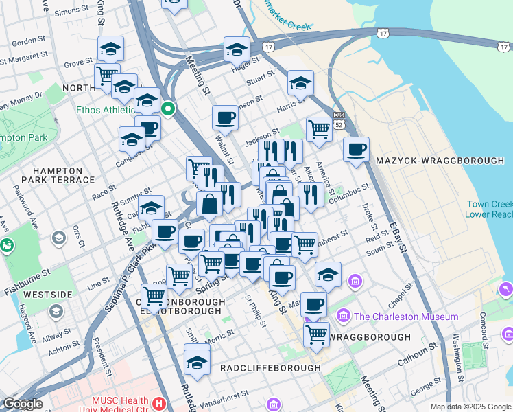 map of restaurants, bars, coffee shops, grocery stores, and more near 38 Line Street in Charleston