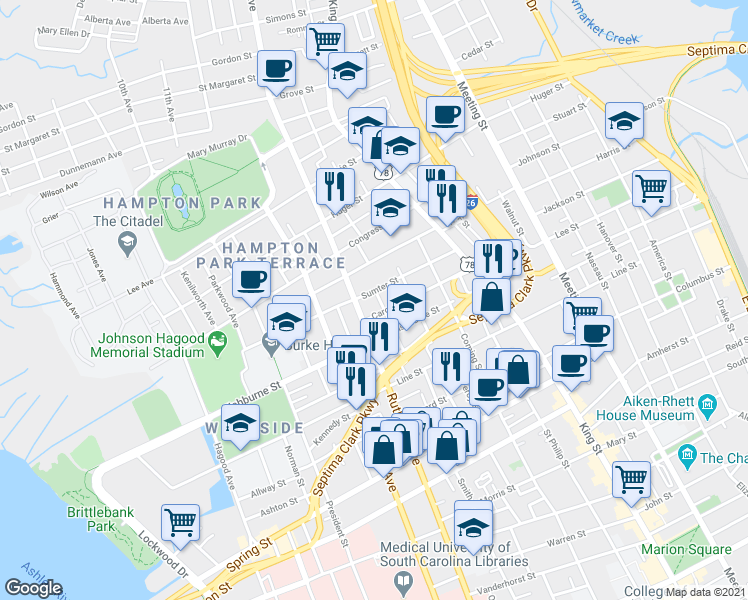 map of restaurants, bars, coffee shops, grocery stores, and more near 12 Perry Street in Charleston