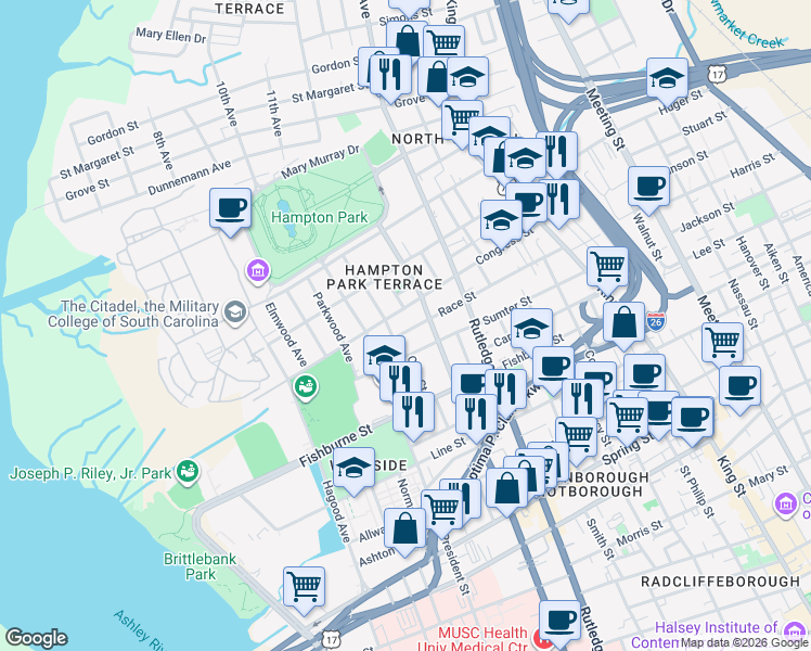 map of restaurants, bars, coffee shops, grocery stores, and more near 217 Congress Street in Charleston