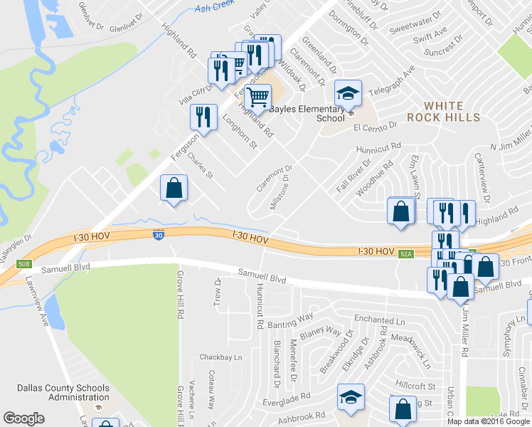 map of restaurants, bars, coffee shops, grocery stores, and more near 7725 Claremont Drive in Dallas