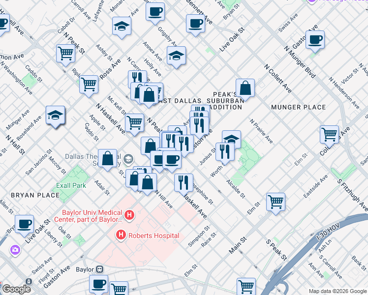 map of restaurants, bars, coffee shops, grocery stores, and more near 918 North Peak Street in Dallas