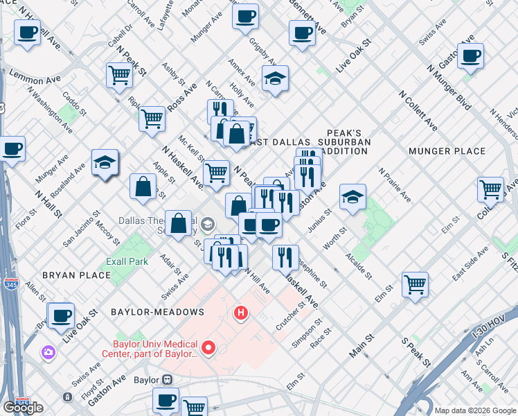 map of restaurants, bars, coffee shops, grocery stores, and more near 1029 Cavour Place in Dallas