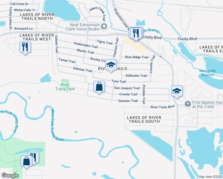 map of restaurants, bars, coffee shops, grocery stores, and more near 8900 San Joaquin Trail in Fort Worth