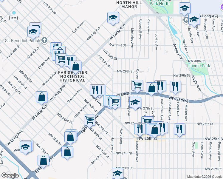 map of restaurants, bars, coffee shops, grocery stores, and more near 2421 Northwest 28th Street in Fort Worth