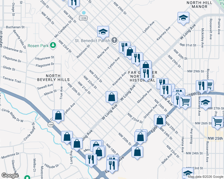 map of restaurants, bars, coffee shops, grocery stores, and more near 2715 Northwest 24th Street in Fort Worth