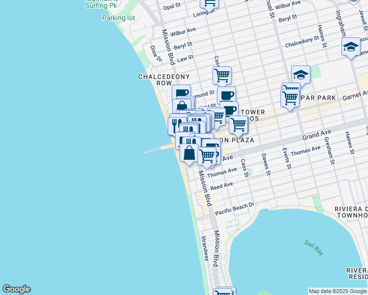 map of restaurants, bars, coffee shops, grocery stores, and more near 4500 Ocean Boulevard in San Diego