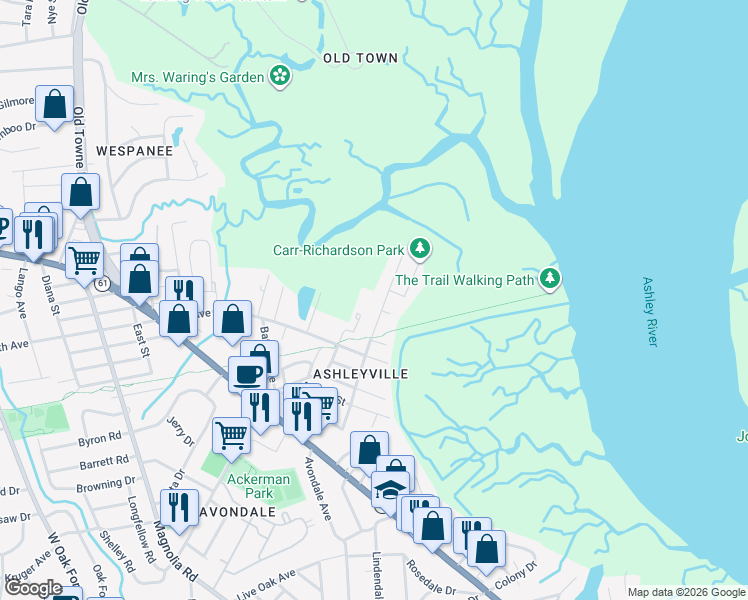 map of restaurants, bars, coffee shops, grocery stores, and more near 1035 Main Street in Charleston