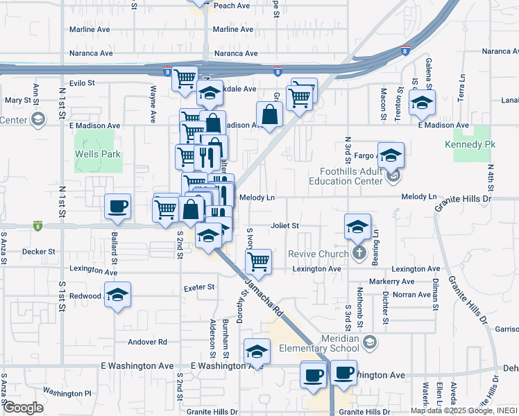 map of restaurants, bars, coffee shops, grocery stores, and more near 1366 Ivory Court in El Cajon
