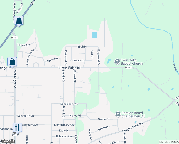 map of restaurants, bars, coffee shops, grocery stores, and more near 6018-6090 Cherry Ridge Road in Bastrop