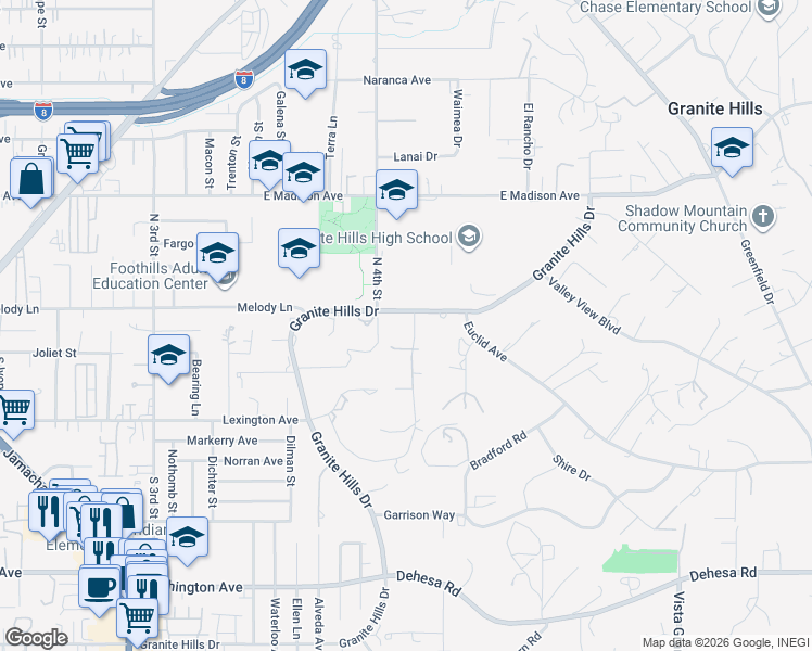map of restaurants, bars, coffee shops, grocery stores, and more near in El Cajon
