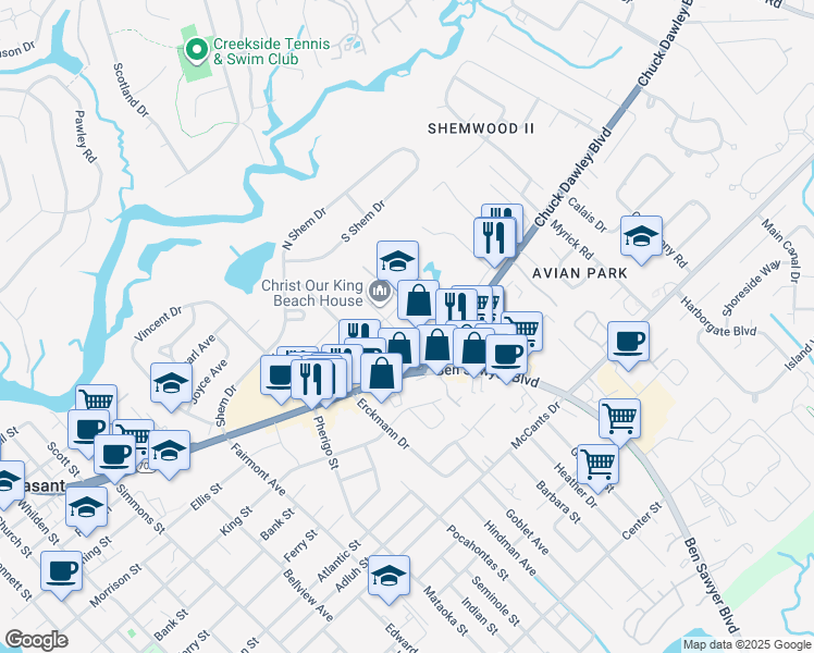 map of restaurants, bars, coffee shops, grocery stores, and more near 1178 Russell Drive in Mount Pleasant