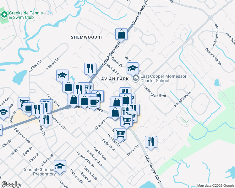 map of restaurants, bars, coffee shops, grocery stores, and more near 1351 Cassidy Court in Mount Pleasant