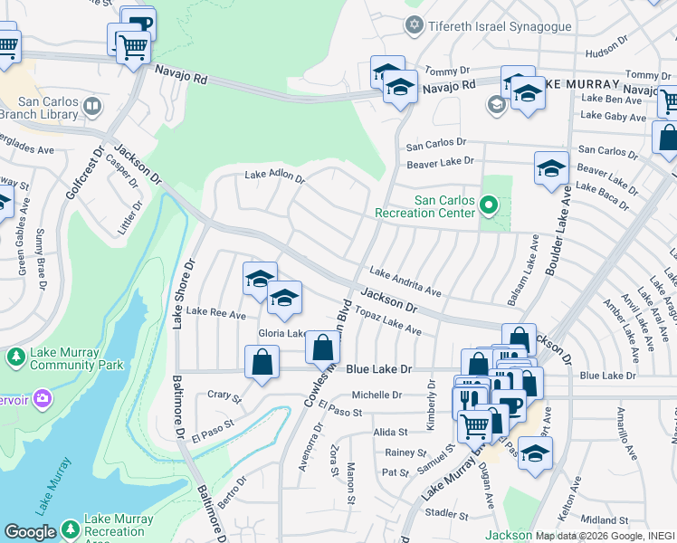 map of restaurants, bars, coffee shops, grocery stores, and more near 7881 Lake Andrita Avenue in San Diego