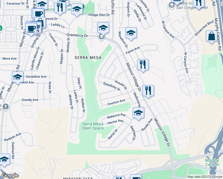 map of restaurants, bars, coffee shops, grocery stores, and more near 9240 Huntington Avenue in San Diego