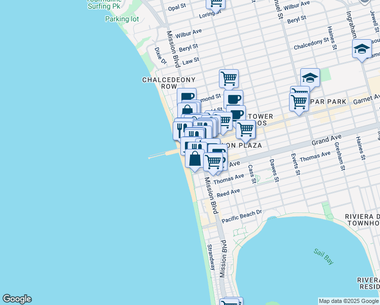 map of restaurants, bars, coffee shops, grocery stores, and more near 4465 Ocean Boulevard in San Diego