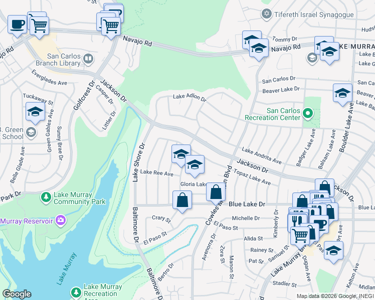 map of restaurants, bars, coffee shops, grocery stores, and more near 6269 Twin Lake Drive in San Diego