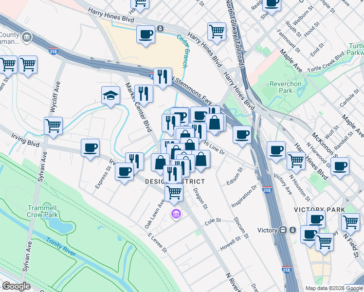 map of restaurants, bars, coffee shops, grocery stores, and more near 1551 Oak Lawn Avenue in Dallas