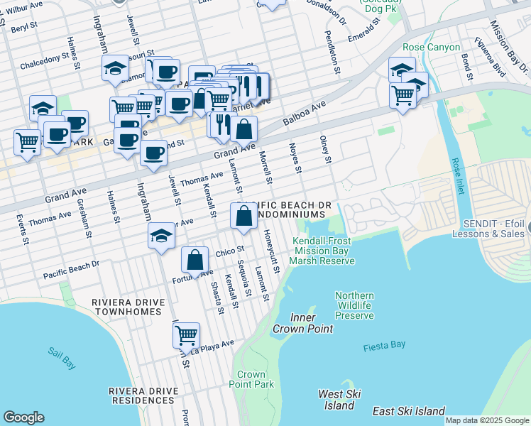 map of restaurants, bars, coffee shops, grocery stores, and more near 1958 Pacific Beach Drive in San Diego