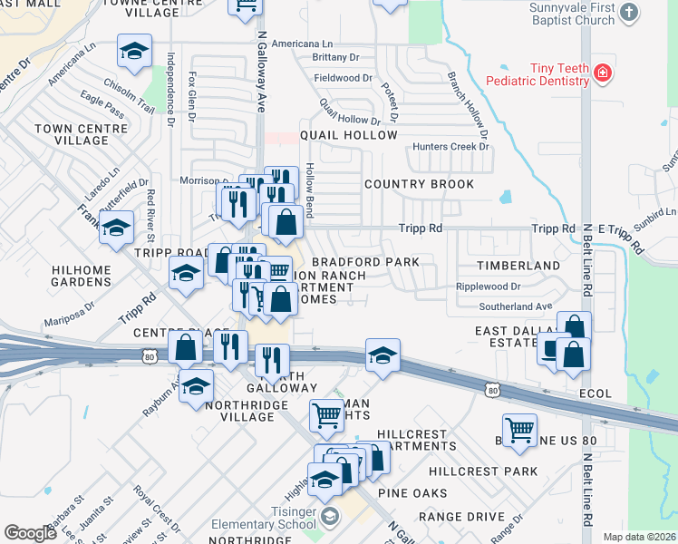 map of restaurants, bars, coffee shops, grocery stores, and more near 2301 Penrose Drive in Mesquite