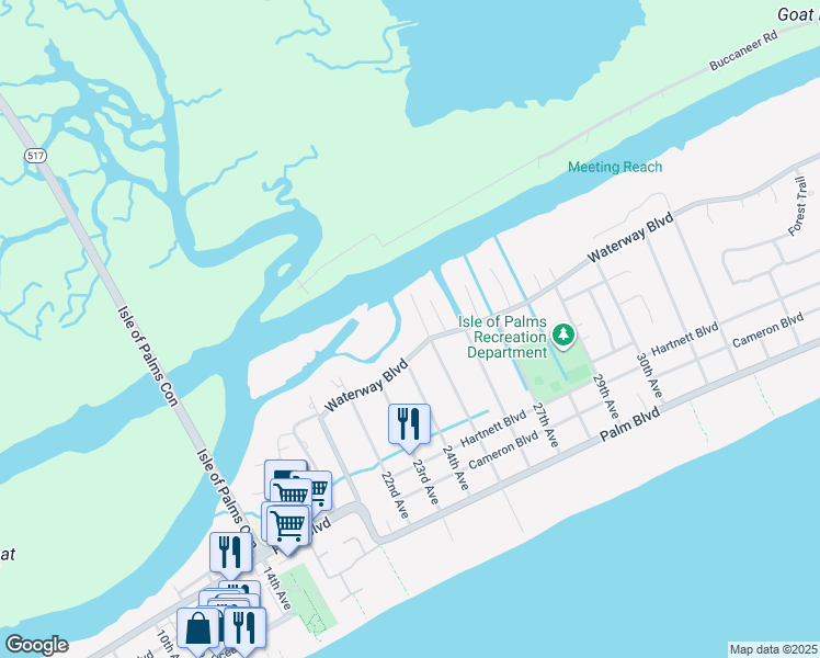 map of restaurants, bars, coffee shops, grocery stores, and more near 37 25th Avenue in Isle of Palms