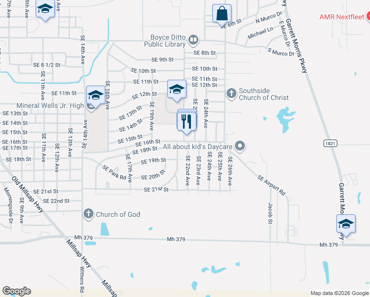 map of restaurants, bars, coffee shops, grocery stores, and more near 1703 Southeast 22nd Avenue in Mineral Wells