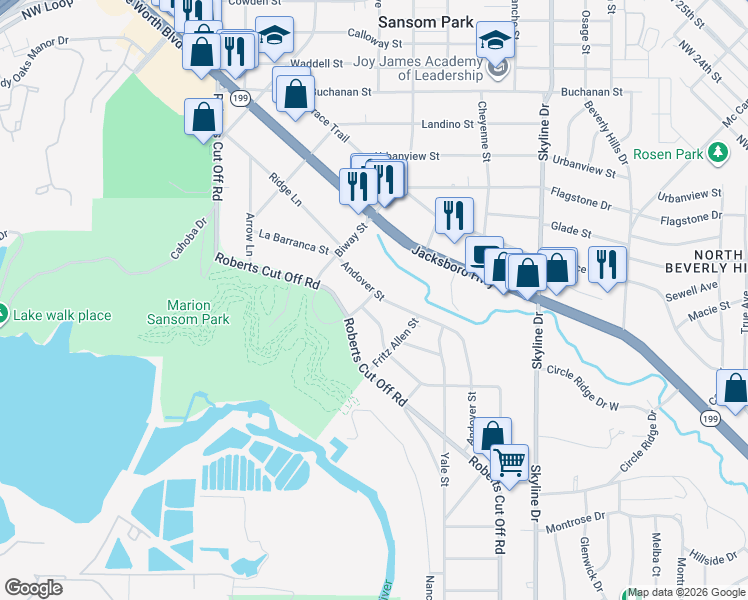 map of restaurants, bars, coffee shops, grocery stores, and more near 2300 Nina Marie Street in Fort Worth