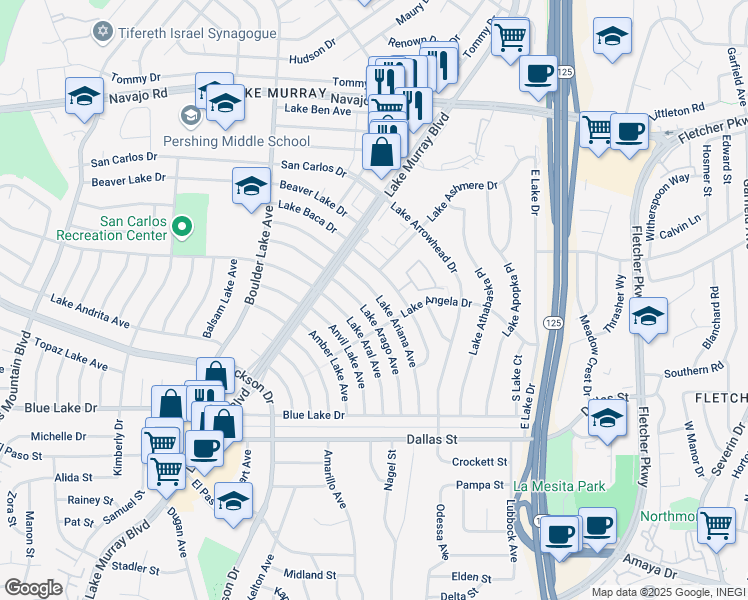 map of restaurants, bars, coffee shops, grocery stores, and more near 6332 Lake Ariana Avenue in San Diego