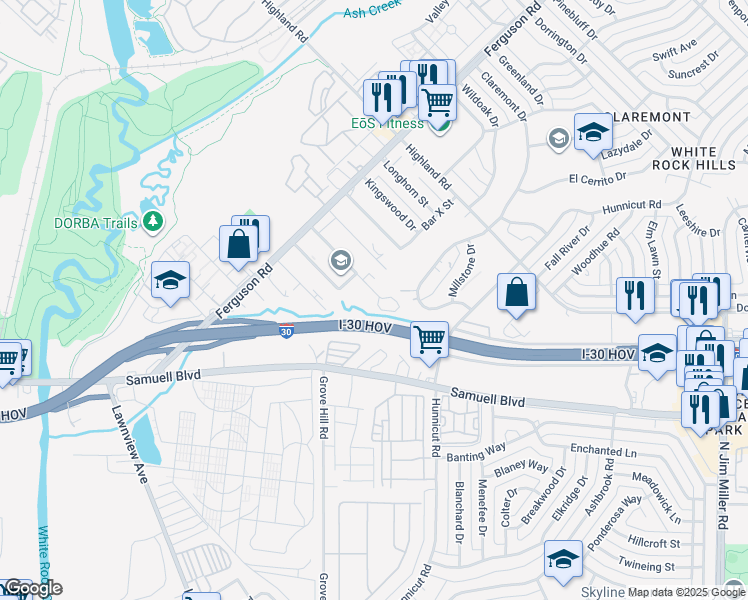 map of restaurants, bars, coffee shops, grocery stores, and more near 2448 Laughlin Drive in Dallas