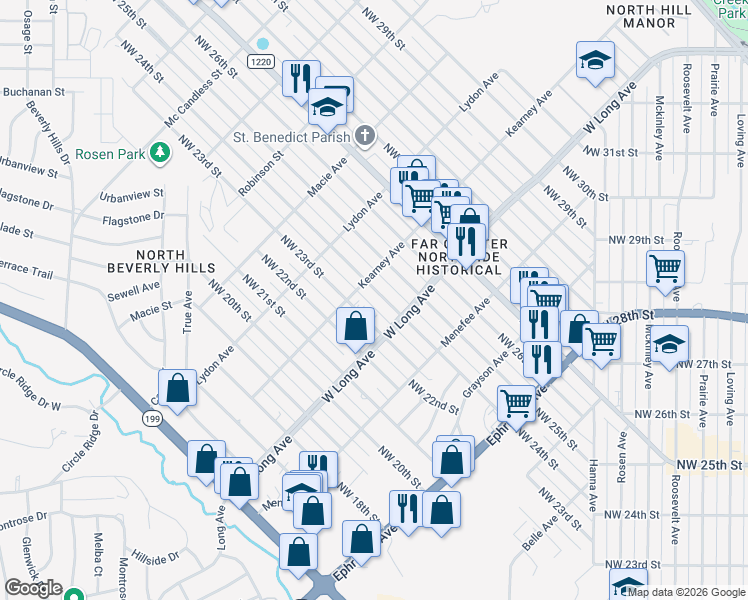 map of restaurants, bars, coffee shops, grocery stores, and more near 2715 Northwest 24th Street in Fort Worth