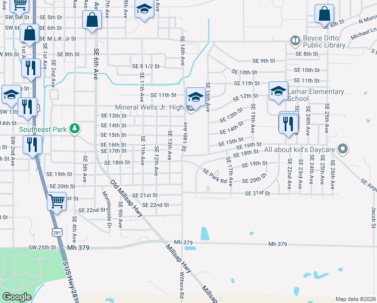 map of restaurants, bars, coffee shops, grocery stores, and more near 1515 Southeast 16th Street in Mineral Wells