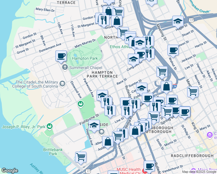 map of restaurants, bars, coffee shops, grocery stores, and more near 217 Congress Street in Charleston