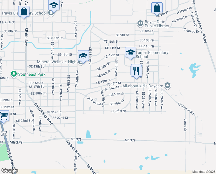 map of restaurants, bars, coffee shops, grocery stores, and more near 1815 Southeast 18th Street in Mineral Wells