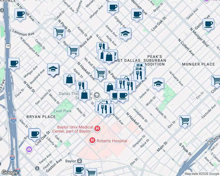 map of restaurants, bars, coffee shops, grocery stores, and more near 1190 North Haskell Avenue in Dallas