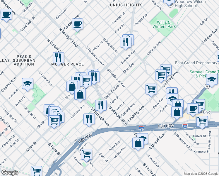 map of restaurants, bars, coffee shops, grocery stores, and more near 5119 Santa Fe Avenue in Dallas