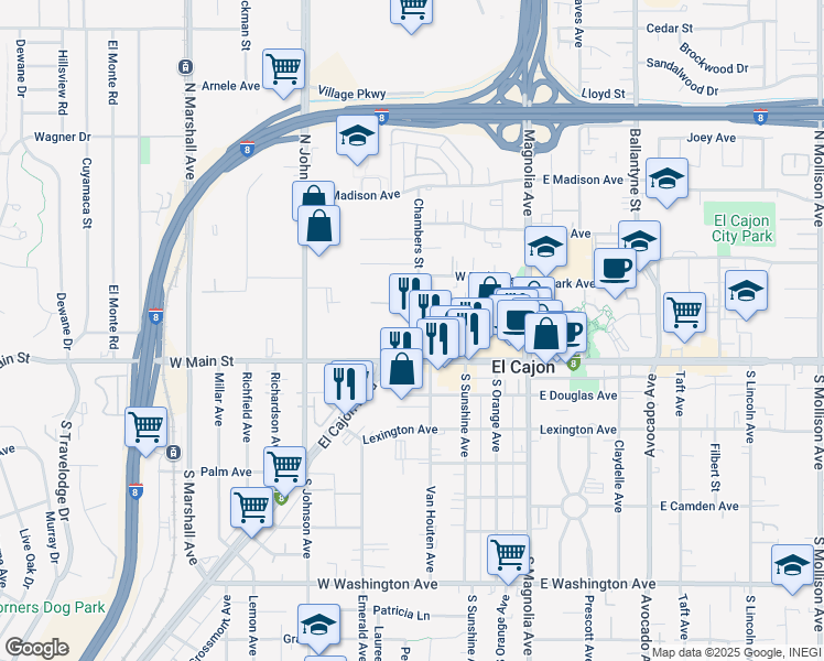 map of restaurants, bars, coffee shops, grocery stores, and more near 136 Chambers Street in El Cajon